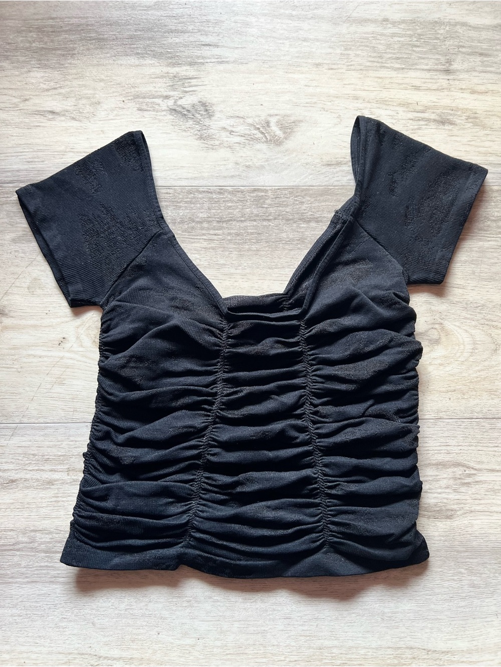 Free People Black Ruched Short Sleeve Square Neck Top